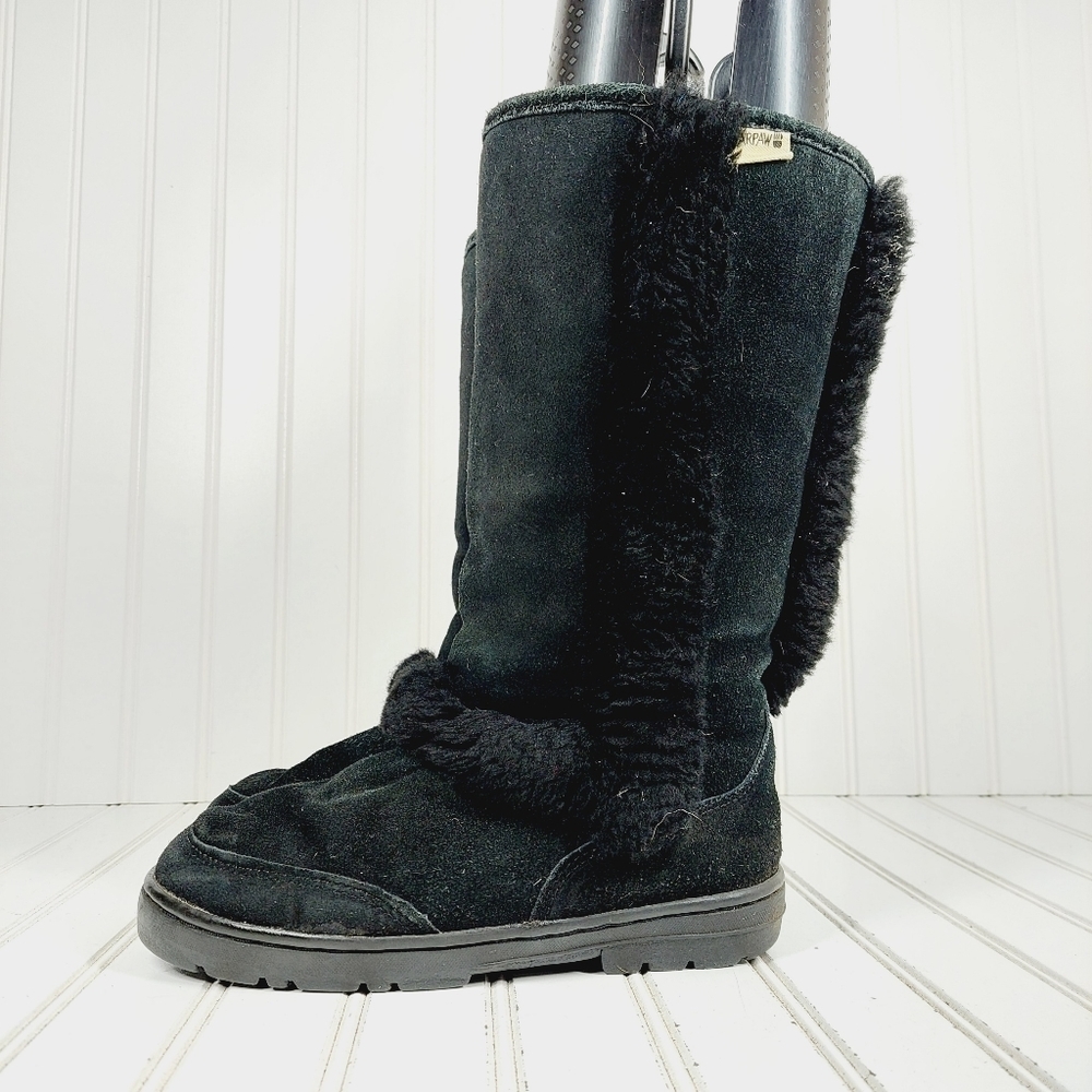 BearPaw Black Suede Leather Fur Trim Detail Slip On Winter Boots H1002
